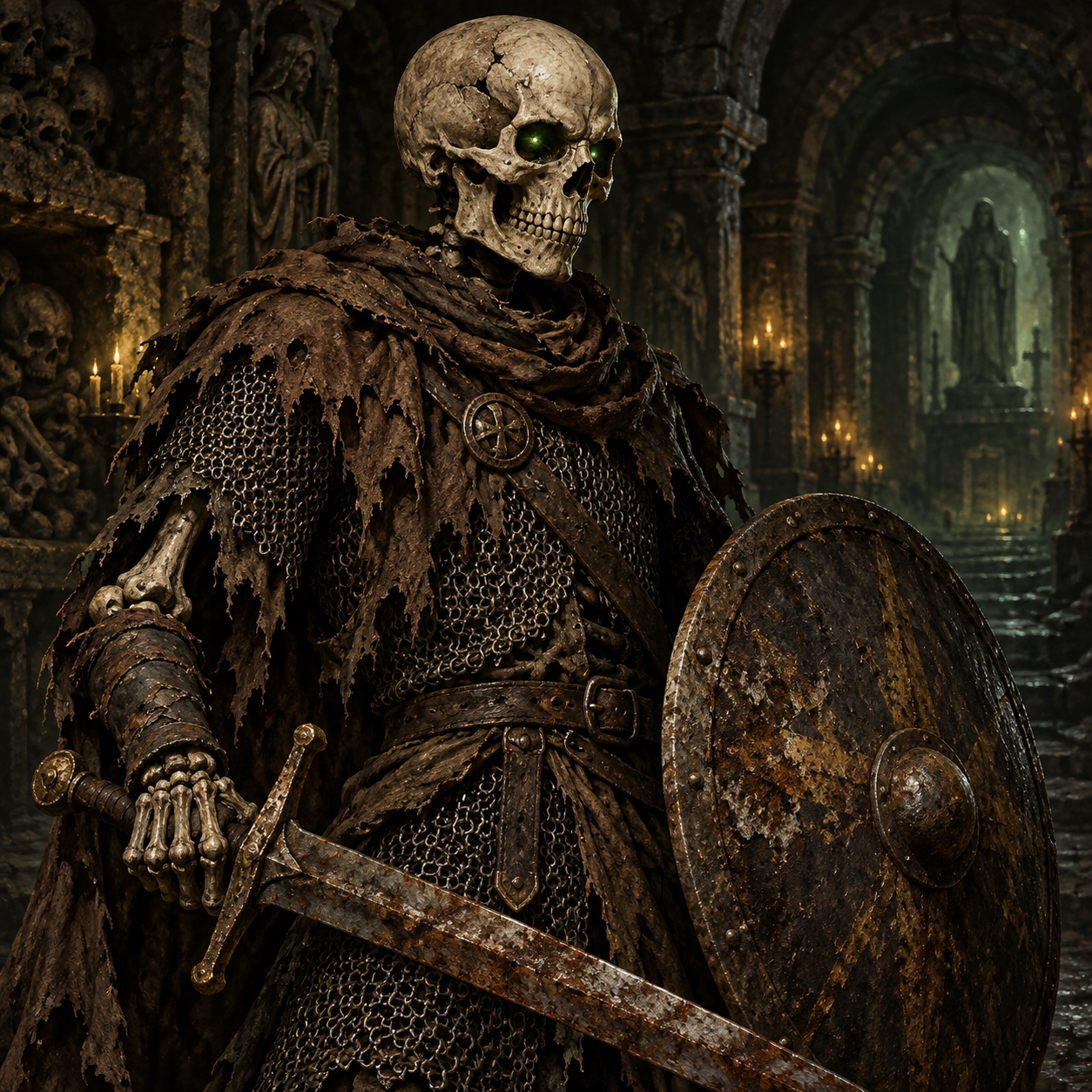 An ancient skeletal warrior in battered armor